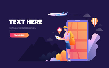 Young smile happy man tourist using mobile navigation system on his smartphone. Isolated illustration. Creative travel concept.