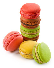 sweet and colorful dessert macarons isolated on white background closeup