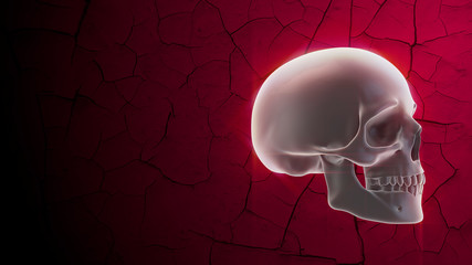 Glowing human skull on red background with cracks. Halloween decoration