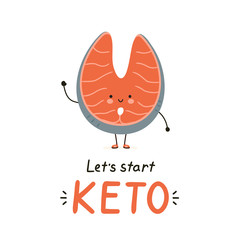 Cute happy red fish salmon character. Isolated on white background. Vector cartoon character illustration card design,simple flat style. Keto diet card,banner design concept