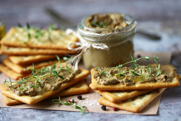 Homemade liver pate with spices and herbs. Healthy homemade food. Selective focus. Macro.
