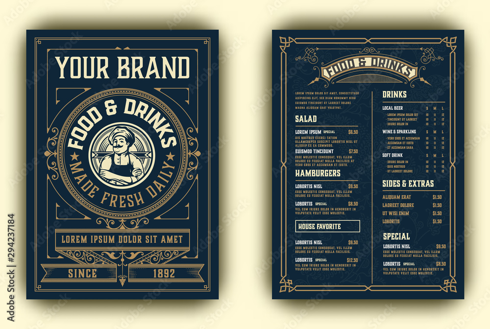 Wall mural Vintage template for  restaurant menu design with Chef illustration. Vector layered.