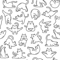 Zen Meditating Cats: Cartoon Doodle Outline Seamless Vector Pattern, Background of Cats in Yoga Pose, Namaste Vibes for Serenity