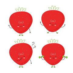 Cute happy strawberry fruit set. Isolated on white background. Vector cartoon character illustration design,simple flat style. Strawberry character bundle, collection concept
