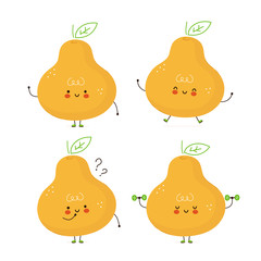 Cute happy peat fruit set. Isolated on white background. Vector cartoon character illustration design,simple flat style. Pear character bundle, collection concept