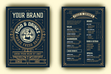 Vintage template for  restaurant menu design with Chef illustration. Vector layered. - obrazy, fototapety, plakaty