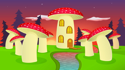 Fairytale forest with a group of red mushrooms Amanita, river, sunset background