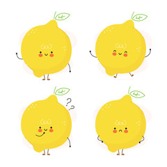 Cute happy lemon fruit set. Isolated on white background. Vector cartoon character illustration design,simple flat style. Lemon character bundle, collection concept