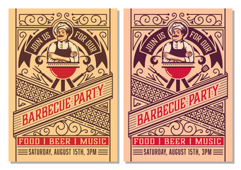 Barbecue party vector flyer or poster design template. BBQ event retro style