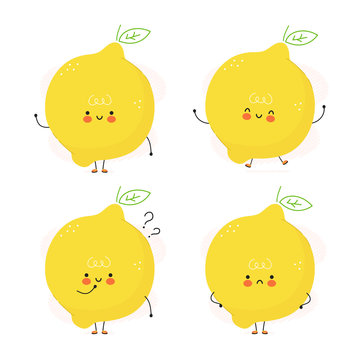 Cute happy lemon fruit set. Isolated on white background. Vector cartoon character illustration design,simple flat style. Lemon character bundle, collection concept