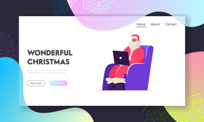 Merry Xmas Website Landing Page. Smiling Santa Claus in Red Costume Sitting in Armchair with Laptop in Hands Reading Messages and Letters from Children Web Page Banner Cartoon Flat Vector Illustration