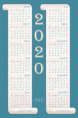 2020 Spanish American wall calendar on light gradient parchment. Calendario español. Weeks start on Sunday. Gray-blue background. Vector template 10 EPS