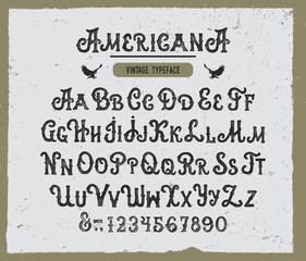 "Americana". Retro Font. Vintage Textured Handcrafted Typeface. Vector Illustration.