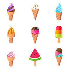 Large set of vector ice-creams in waffle cones and on sticks. Vector illustration of fresh juicy and creamy desserts.