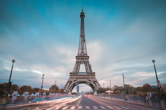Long exposure Eiffel Tower view during twilight with trendy colors