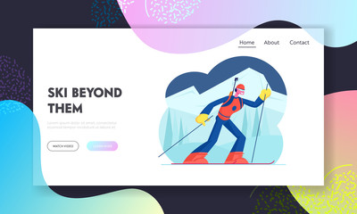 Obraz na płótnie Canvas Biathlon Competition Website Landing Page. Woman Competitor with Gun Riding Rout by Skis. Sportswoman Take Part in World Cup Tournament. Winter Sport Web Page Banner. Cartoon Flat Vector Illustration