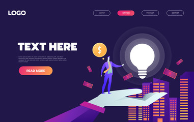 A man in city with big light bulb, and money. Idea, start up launching, business success. violet palette. Website landing web page template.