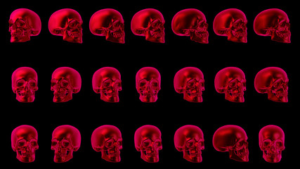 Halloween scary background. Red human skulls on black. Spooky neon skull