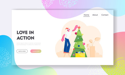 Merry Christmas and Happy Holidays Website Landing Page. Man Wearing Santa Claus Hat Decorate Christmas Tree at Morning Before Xmas or New Eve Year Web Page Banner. Cartoon Flat Vector Illustration