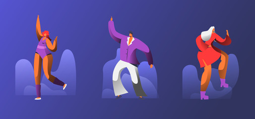 Male and Female Characters Wearing Stylized Costumes Dance at Retro Disco Party