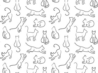 Cats hand drawn in line art style. Seamless pattern. Black and white pattern