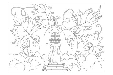 fabulous pumpkin house among the leaves. Sheet for children's coloring books. Vector