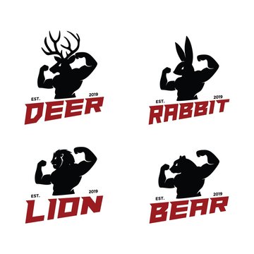 Deer Elk Lion Rabbit Bunny Bear Polar Animal Man Fitness Bundle Set Logo Vector. Strong Hand Drawn Look. Unique Fauna Head Human Body. Circus Live. Icon For Business Company. Outdoor, Sport, Cloth.