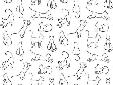 Cats hand drawn in line art style. Seamless pattern. Black and white pattern