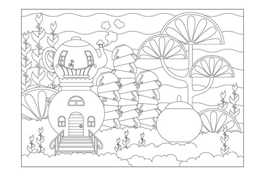 fabulous landscape with a house of samovar, with cups and sugar bowl. Sheet for children's coloring books. Vector