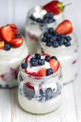 blanmange with cottage cheese, milk, gelatin and strawberries with blueberries