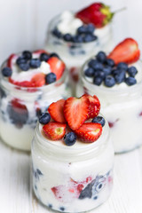 blanmange with cottage cheese, milk, gelatin and strawberries with blueberries