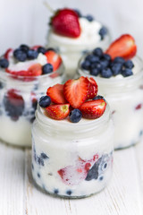 blanmange with cottage cheese, milk, gelatin and strawberries with blueberries