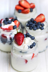blanmange with cottage cheese, milk, gelatin and strawberries with blueberries