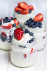blanmange with cottage cheese, milk, gelatin and strawberries with blueberries