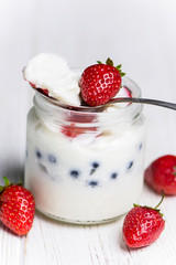 blanmange with cottage cheese, milk, gelatin and strawberries with blueberries