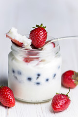 blanmange with cottage cheese, milk, gelatin and strawberries with blueberries