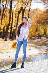 Pretty brunette little girl posing in autumn park background