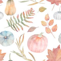 Watercolor semless pattern. Autumn print with leaves and pumkins. Hand drawn illustration