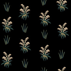 Drawn spring floral seamless pattern. Background in medieval tapestries style black isolated