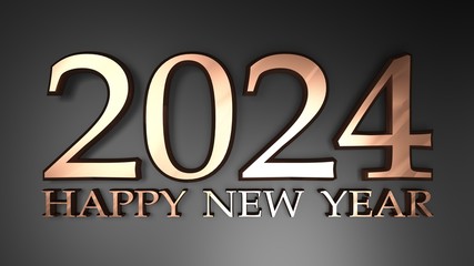 2024 Happy New Year copper write on black background - 3D rendering illustration