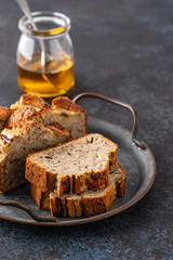 Sliced Banana Bread. Delicious banana bread with chia seeds. Copy space.