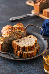 Sliced Banana Bread. Delicious banana bread with chia seeds. Copy space.