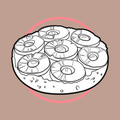 Hand-drawn black and white illustration of upside down cake on a beige background with thick outline. - 294240129