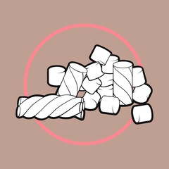Hand-drawn black and white illustration of marshmallow   on a beige background with thick outline.