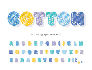 Cartoon colorful font for kids. Cotton texture alphabet. Cute decorative 3d ABC letters and numbers. Vector