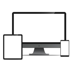Desktop Computer and Tablet and Smartphone realistic style mockup device set icons for user interface applications and responsive web design with a blank screen