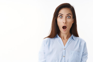 Amazed speechless adult mother react shocked situation, stare camera ambushed, open mouth, drop jaw...