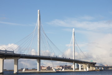 Fototapeta na wymiar Cable-stayed bridge over a large river on a sunny day