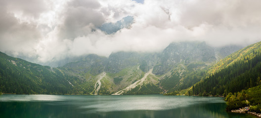 Morskie Oko in the Polish Tatra Mountains. Panorama. Text space. © Adga