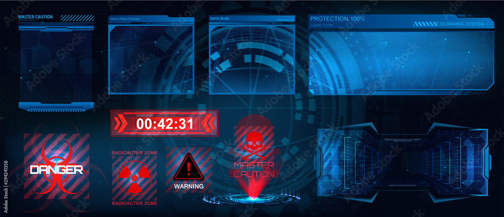 Poster HUD screens frame. Head up display elements set. Hi-tech screens for VR points, gamedev elements, game design GUI. Futuristic framework. Vector set HUD UI